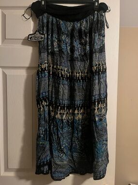 Angie Black Blue and Cream Patterned Boho Maxi Skirt